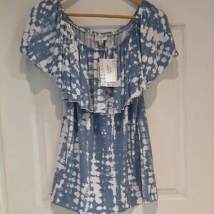 LuLaRoe Blue and White Off-Shoulder Top New Size L